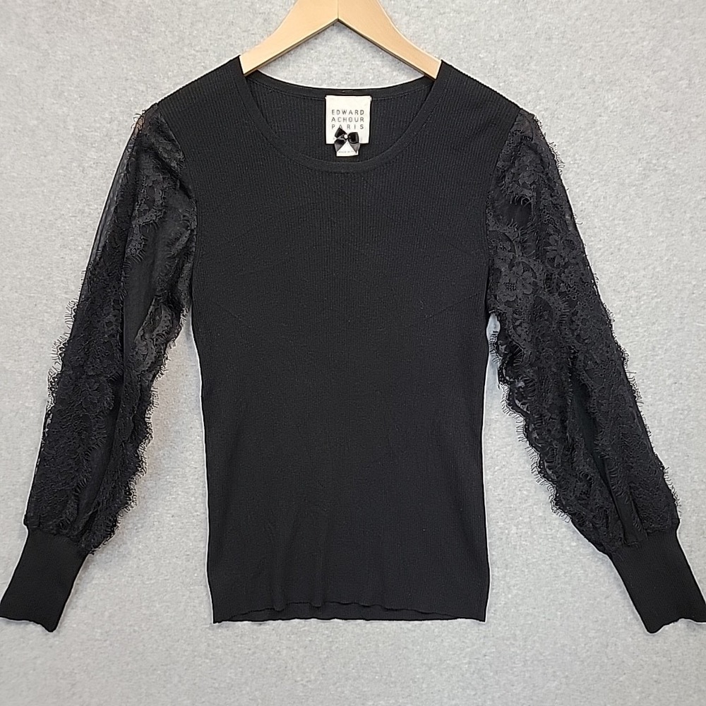 EDWARD ACHOUR Paris Black Sheer Lace Sleeves Sweater Womens Size 38 S/M‎ Luxury